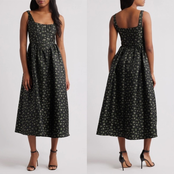 NEW LULUS Black CELINE Floral CORSET Square Neck COCKTAIL Midi DRESS S - Picture 2 of 16